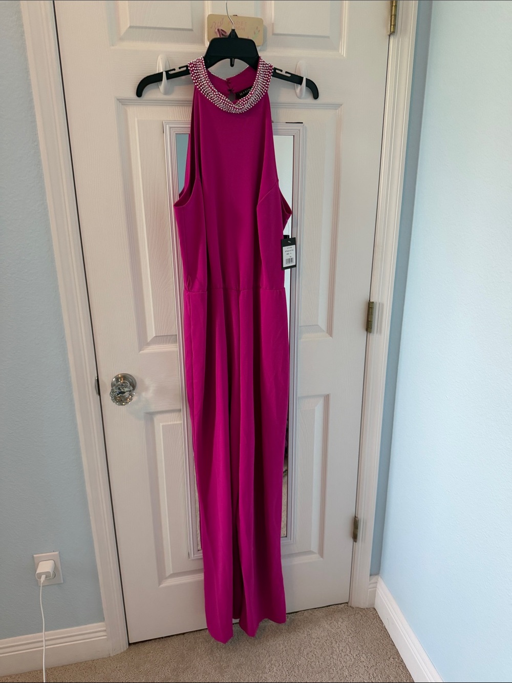 MARINA Beaded Halter jumpsuit  in Fuchsia